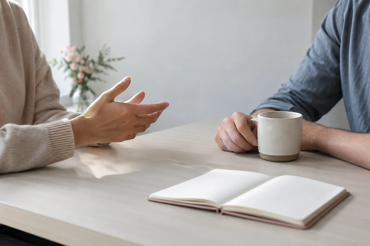 Detalhe de uma conversa tranquila à mesa